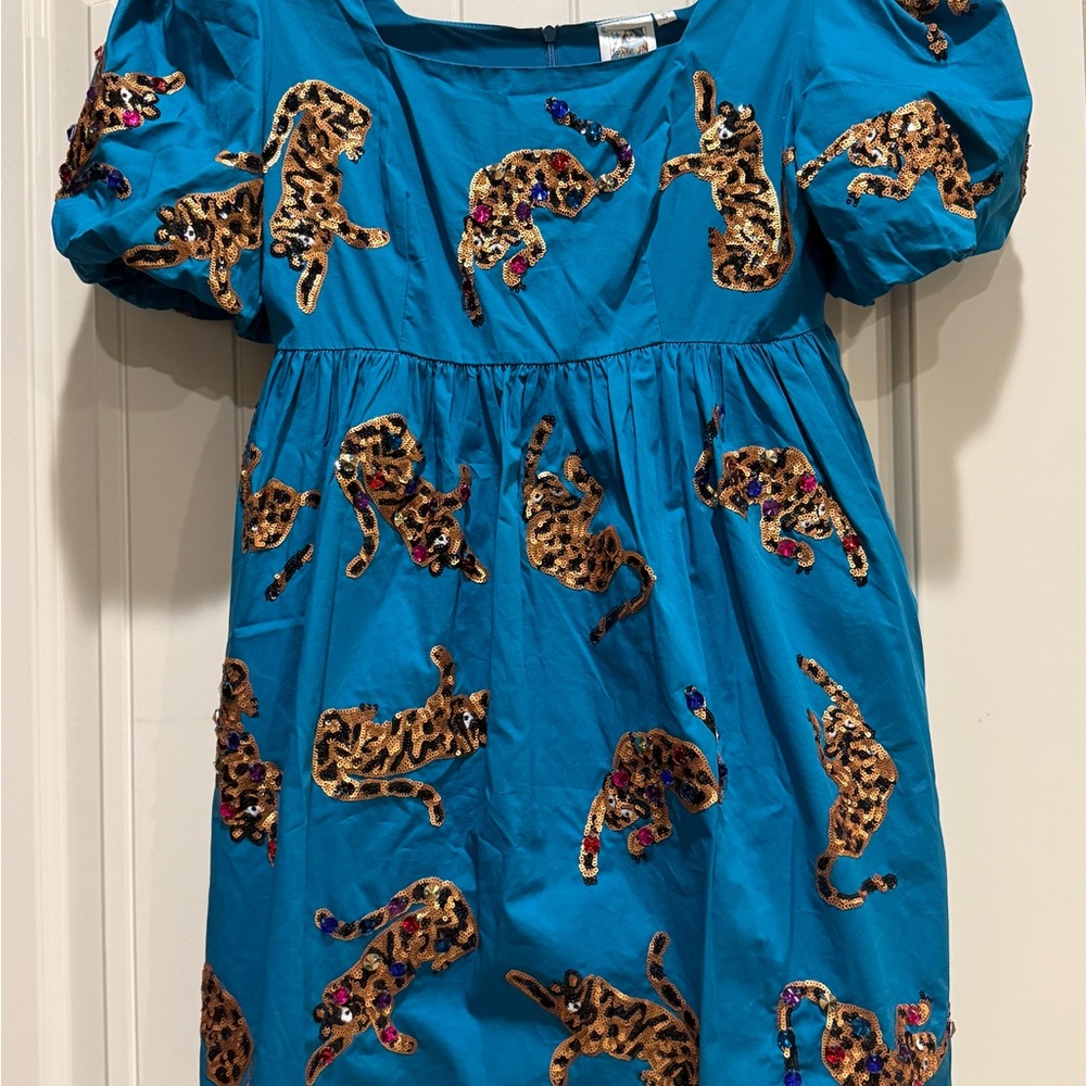 QUEEN OF SPARKLES Blue Mini Dress with Leopard Sequin Design - Picture 3 of 3